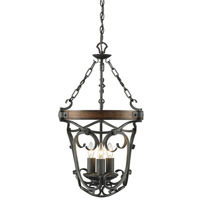 Madera 3 Light Pendant - Black Iron / Rustic Oak Wood - Golden Lighting