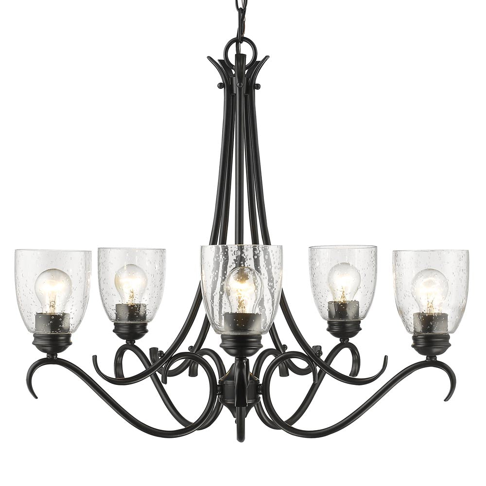 Parrish 5 Light Chandelier - Matte Black / Seeded Glass - Golden Lighting