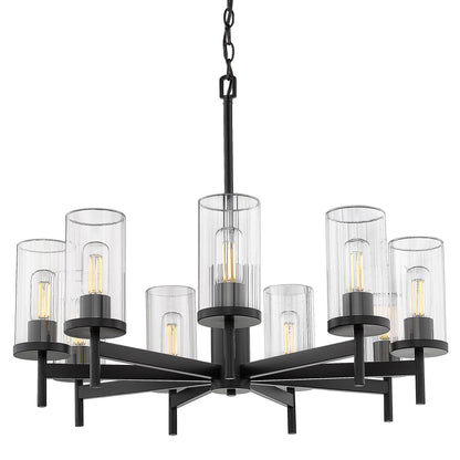 Winslett 9 Light Chandelier - Matte Black / Ribbed Clear Glass - Golden Lighting