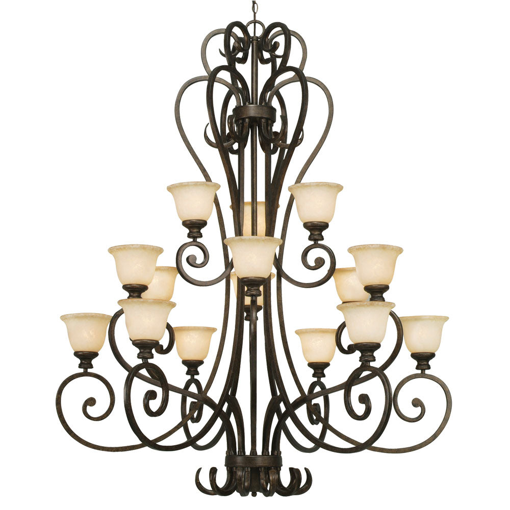 Heartwood 3 Tier - 15 Light Chandelier - Burnt Sienna / Tea Stone Glass - Golden Lighting