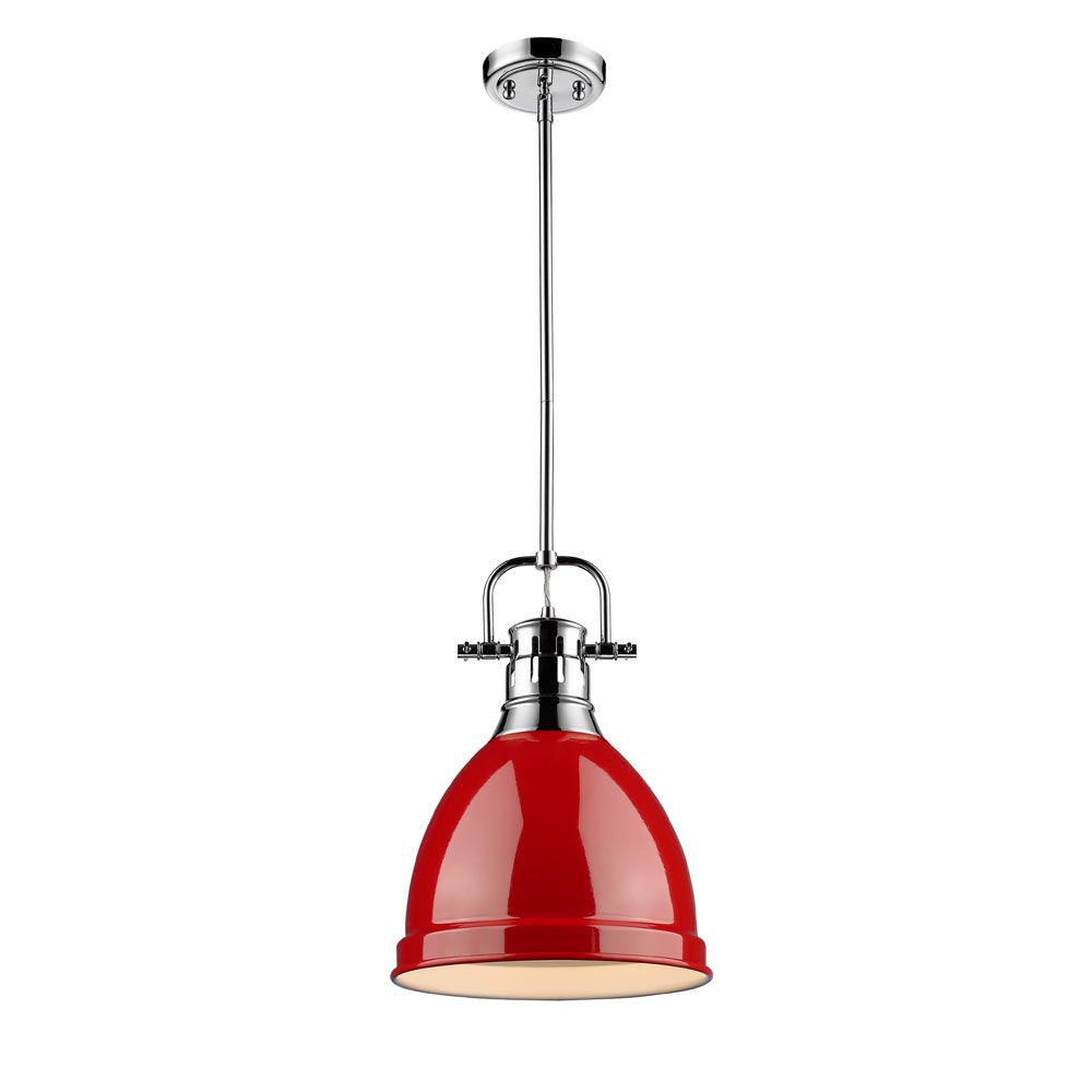Duncan Small Pendant with Rod - Chrome / Red Shade - Golden Lighting
