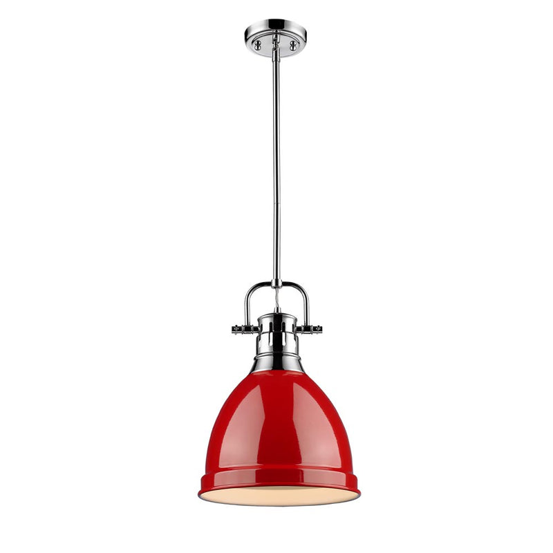 Duncan Small Pendant with Rod - Chrome / Red Shade - Golden Lighting