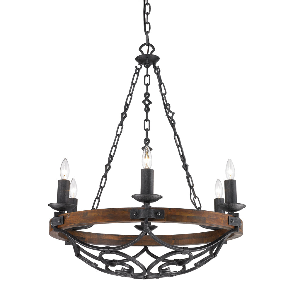 Madera 6 Light Chandelier - Black Iron / Rustic Oak Wood - Golden Lighting