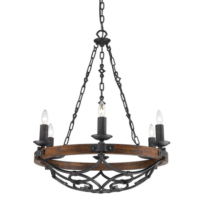 Madera 6 Light Chandelier - Black Iron / Rustic Oak Wood - Golden Lighting