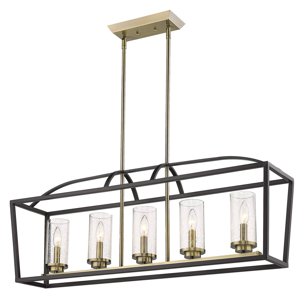 Mercer 5 Light Linear Pendant - Matte Black / Seeded Glass / Aged Brass - Golden Lighting