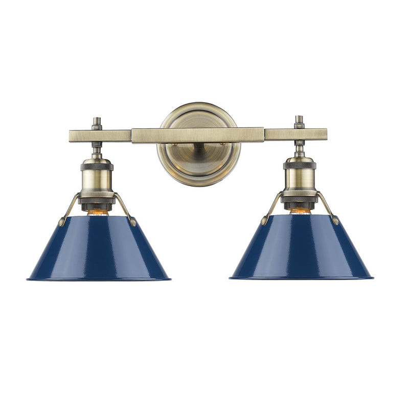 Orwell 2 Light Bath Vanity - Aged Brass / Navy Blue Shades - Golden Lighting