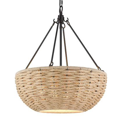 Hathaway 4 Light Pendant - Matte Black / Woven Hemp Rope Shade - Golden Lighting