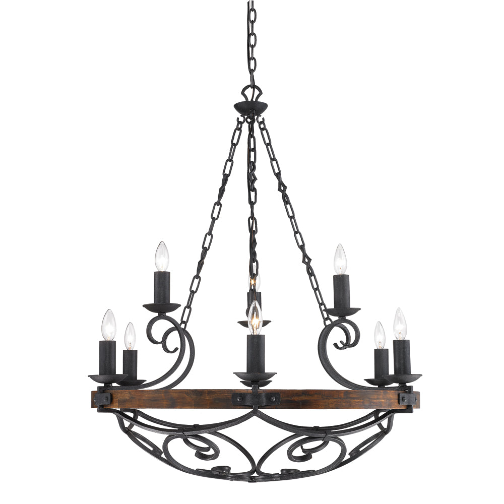 Madera 2 Tier - 9 Light Chandelier - Black Iron / Rustic Oak Wood - Golden Lighting