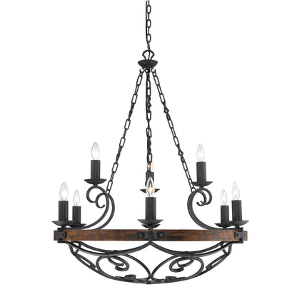 Madera 2 Tier - 9 Light Chandelier - Black Iron / Rustic Oak Wood - Golden Lighting