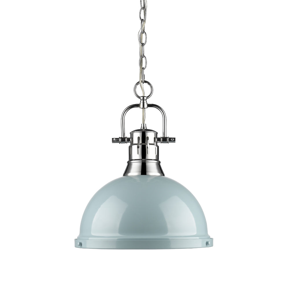 Duncan 1 Light Pendant with Chain - Chrome / Seafoam Shade - Golden Lighting