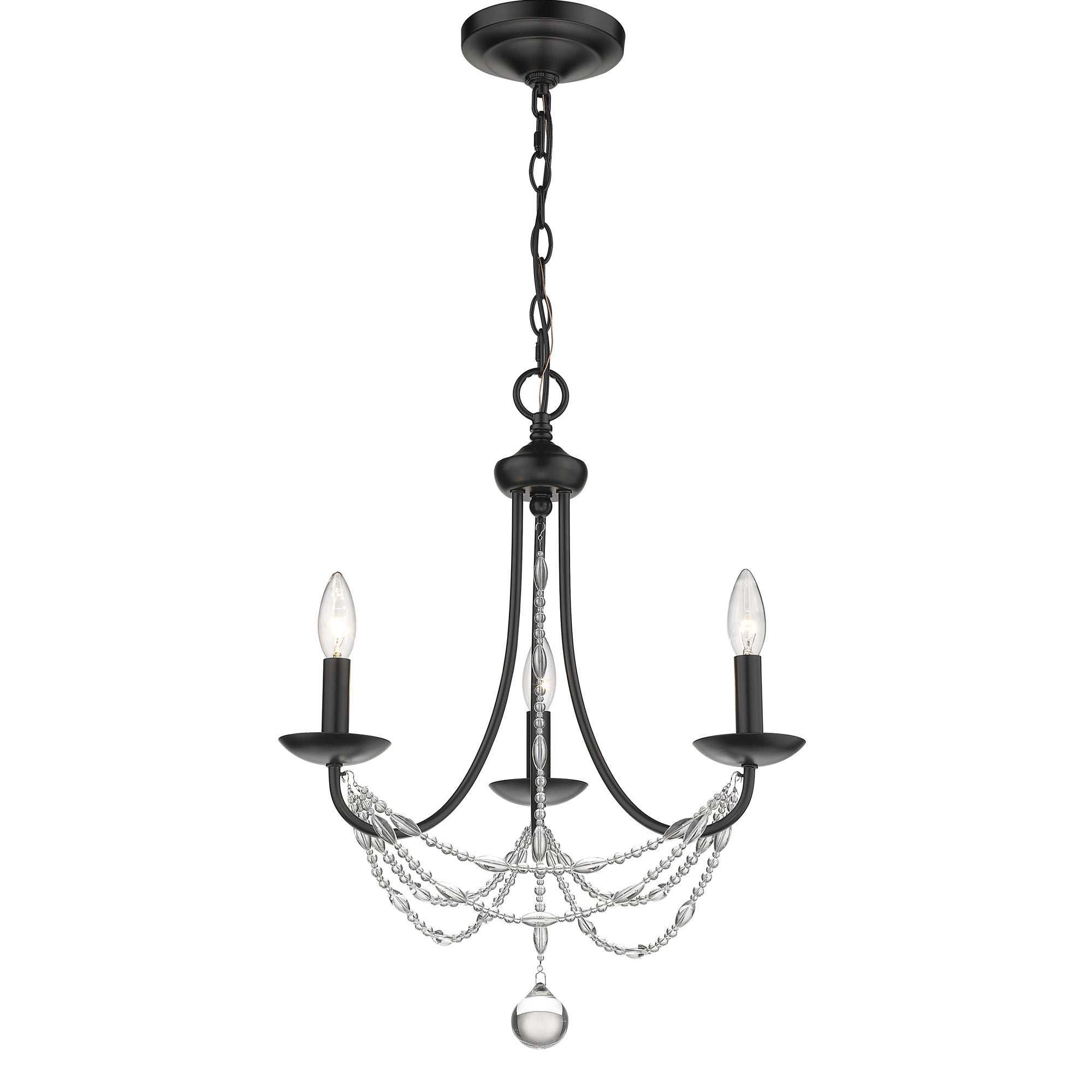 Mirabella 3 Light Mini Chandelier - Matte Black / Pearl Chiffon Shade - Golden Lighting