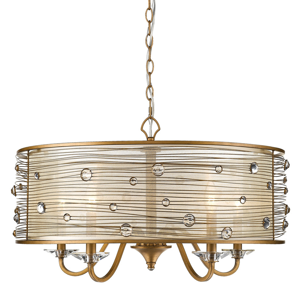 Joia 5 Light Chandelier - Peruvian Gold / Sheer Filigree Mist - Golden Lighting