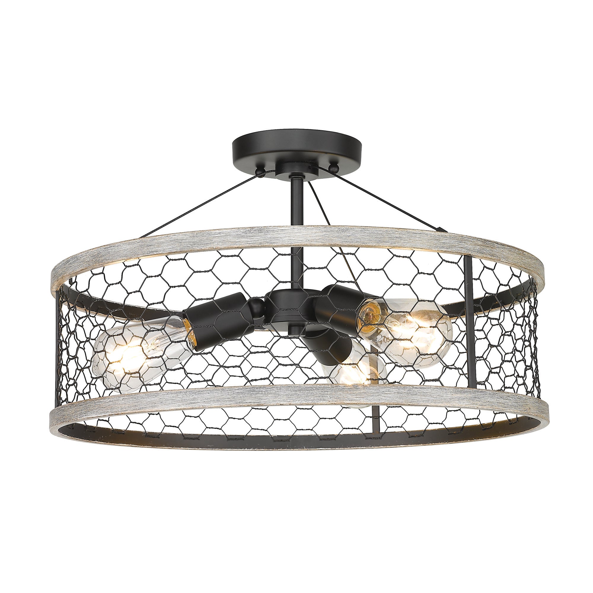 Bailey 3 Light Semi-Flush - Matte Black / Chicken Wire Shade - Golden Lighting