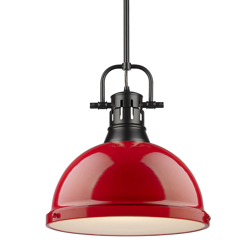 Duncan 1 Light Pendant with Rod - Matte Black / Red Shade - Golden Lighting